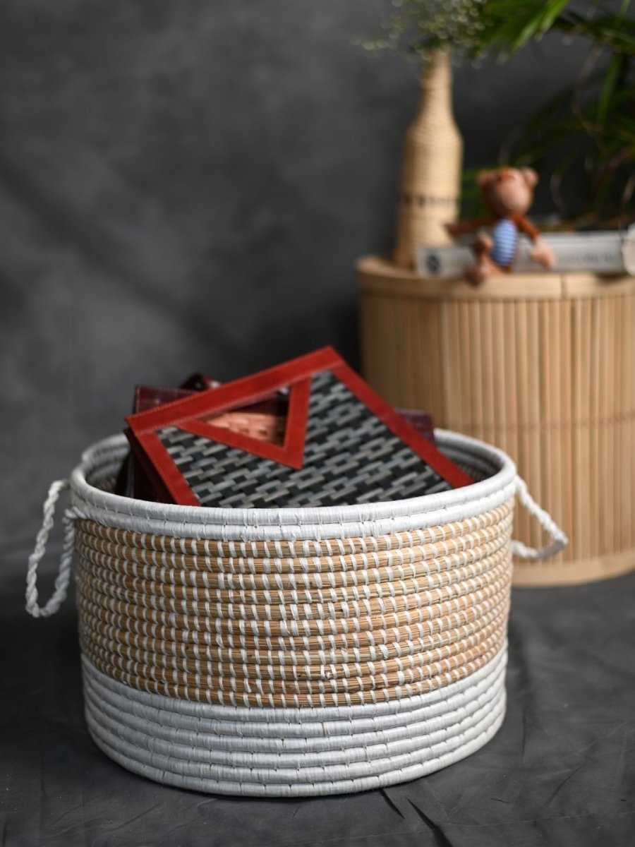 Handmade Moonj Grass Declutter Basket - White - Bottom Strip - Kadam Haat
