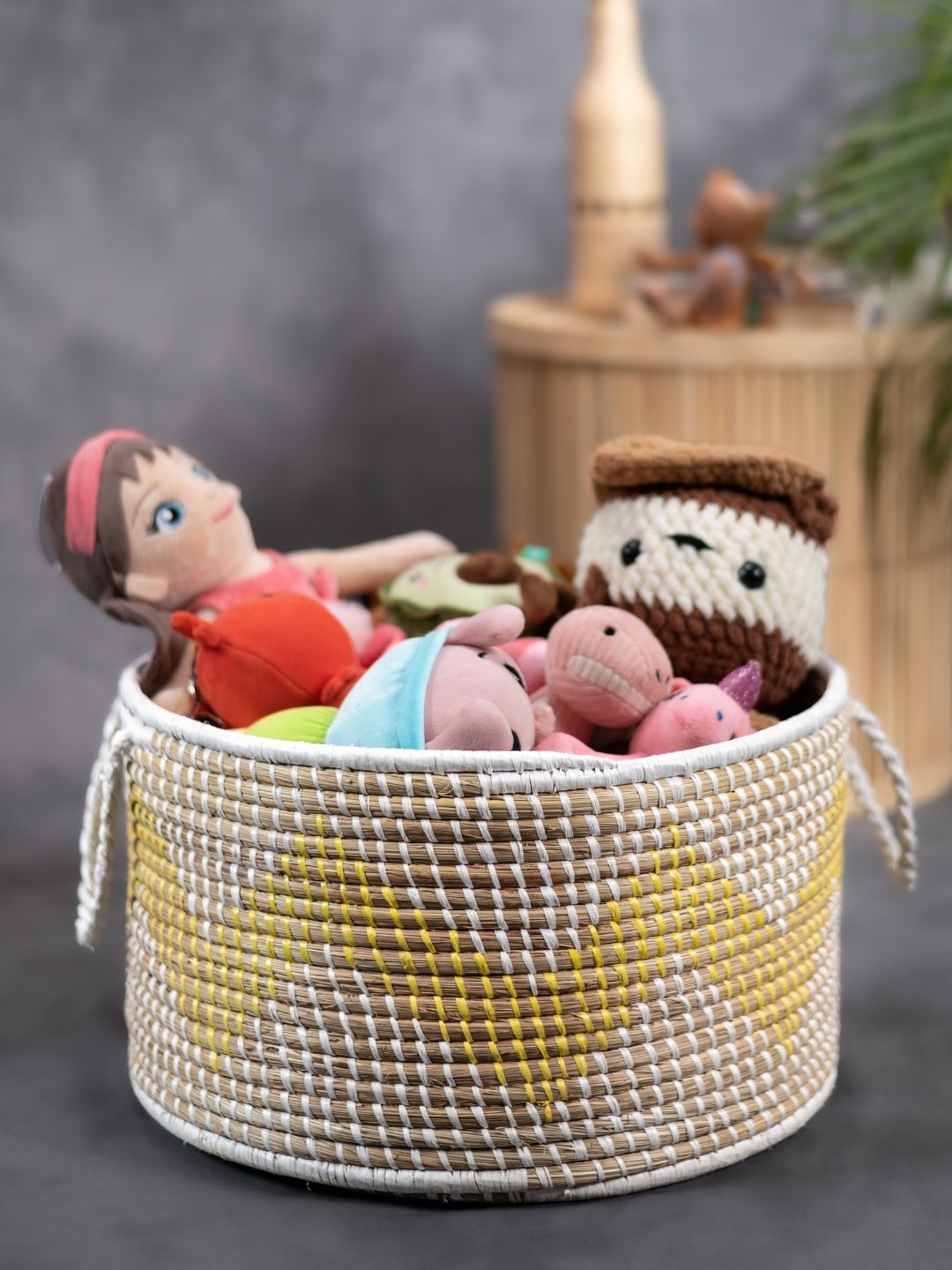 Handmade Moonj Grass Declutter Basket - Yellow - Wave - Kadam Haat