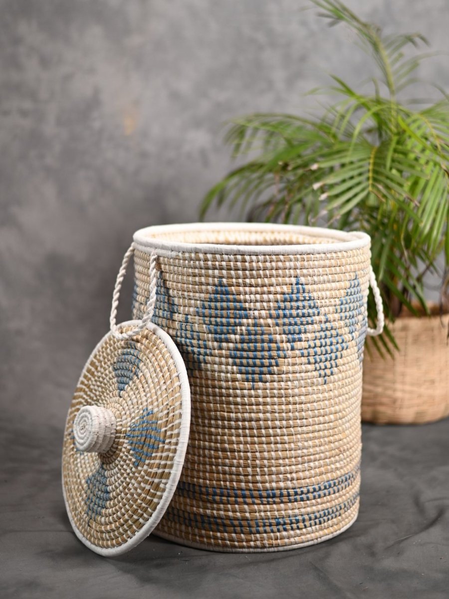 Handmade Moonj Grass Laundry Basket - Indigo - Diamond - Kadam Haat
