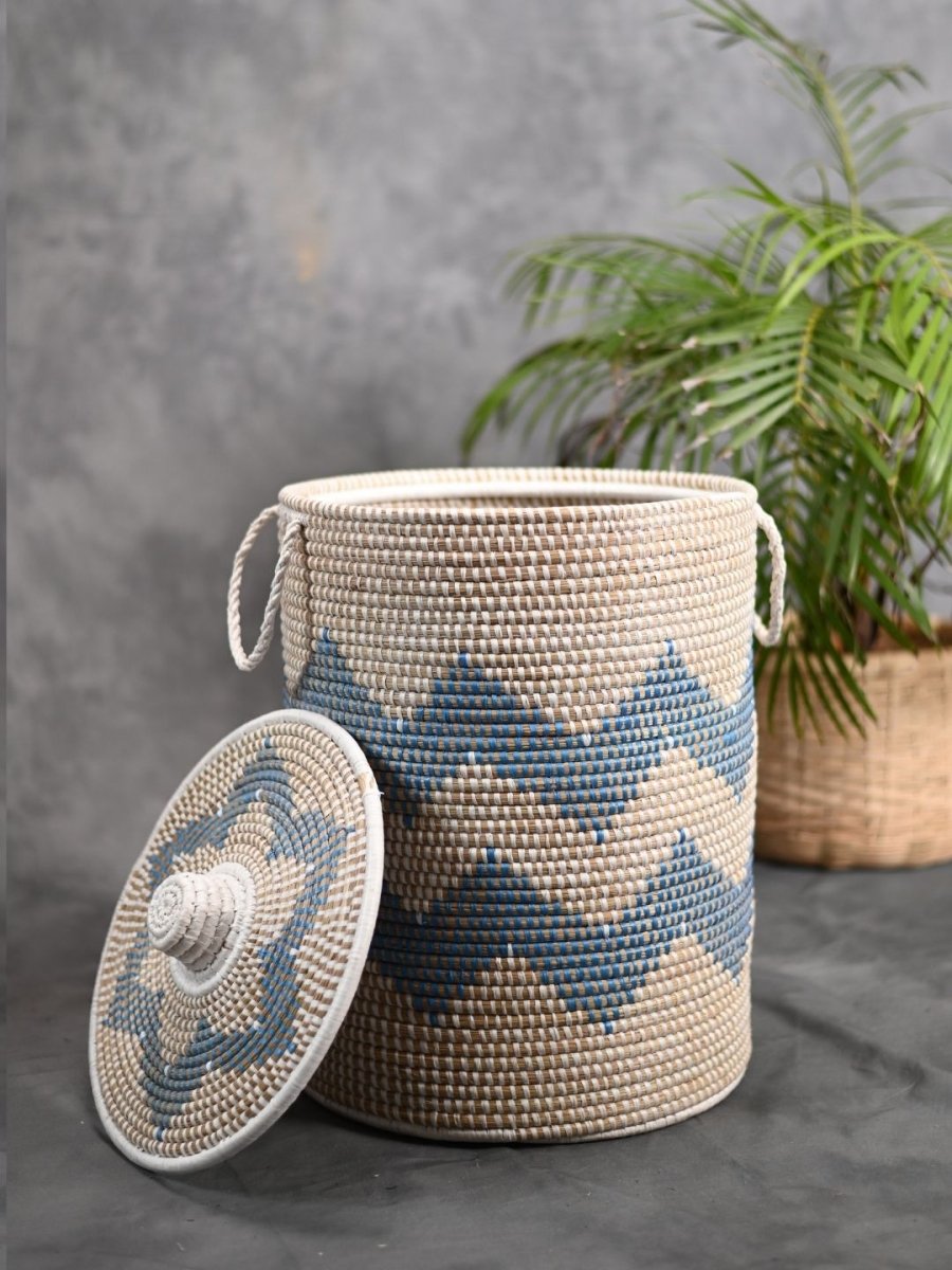 Handmade Moonj Grass Laundry Basket - Indigo - Wave - Kadam Haat