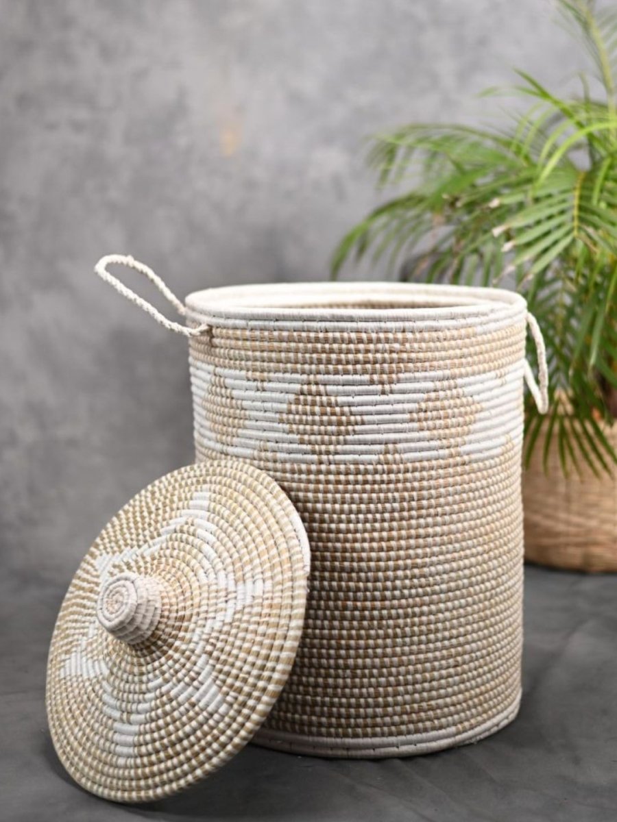 Handmade Moonj Grass Laundry Basket - White-Cross - Kadam Haat