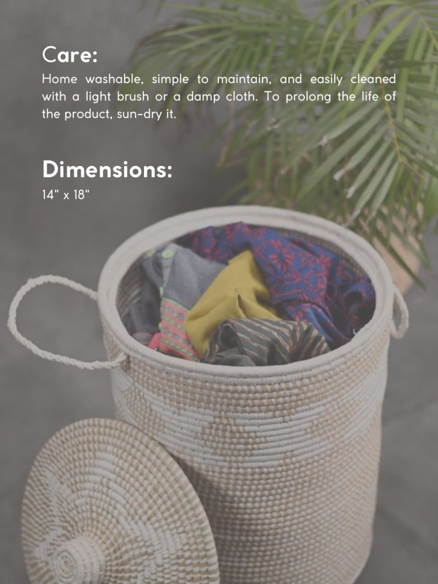 Handmade Moonj Grass Laundry Basket - White-Cross - Kadam Haat