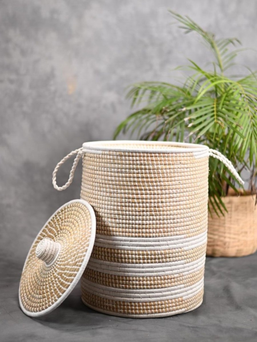 Handmade Moonj Grass Laundry Basket - White - Line - Kadam Haat