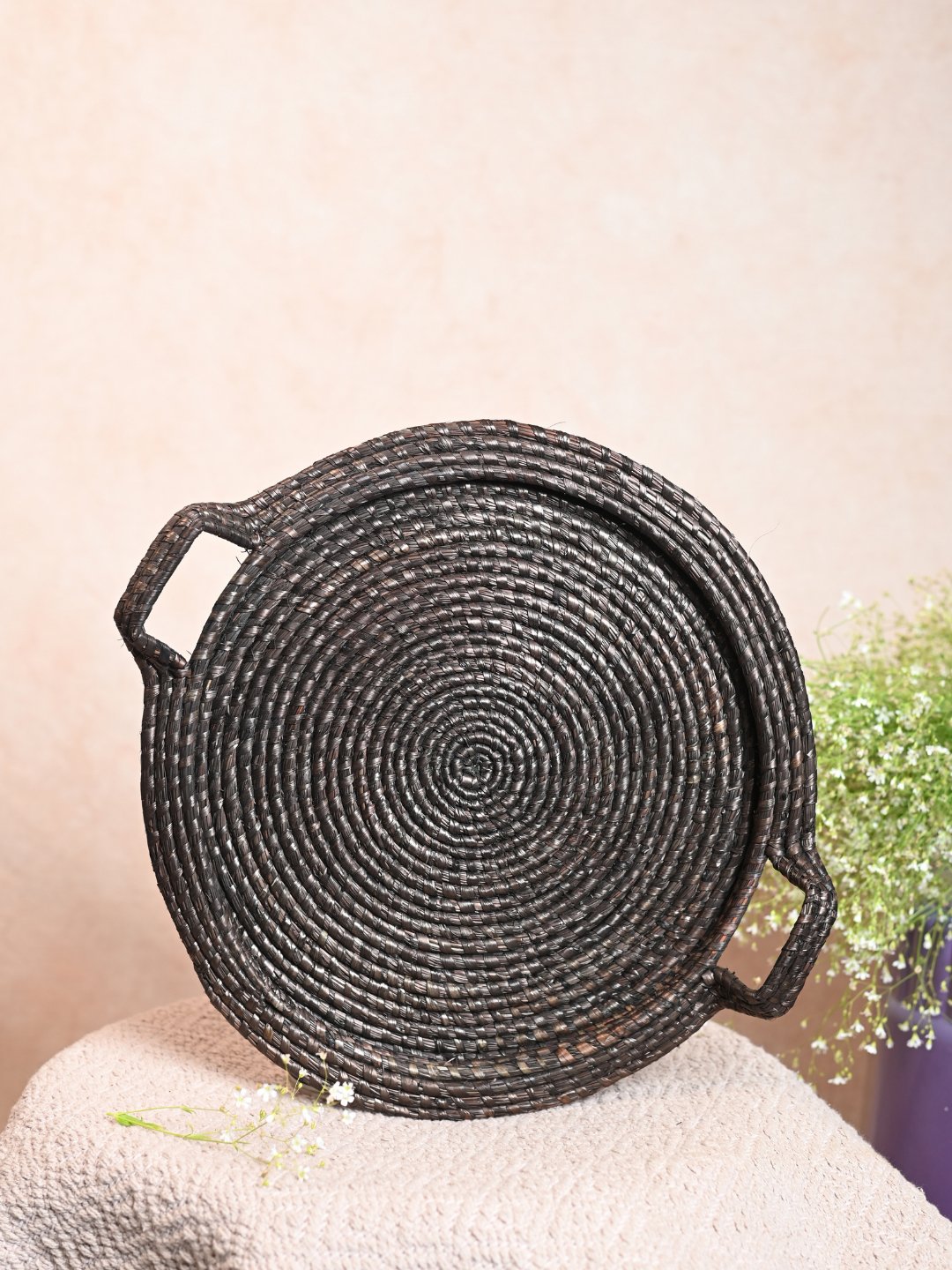 Handmade Moonj Round Centre Platter Tray - Black - Kadam Haat
