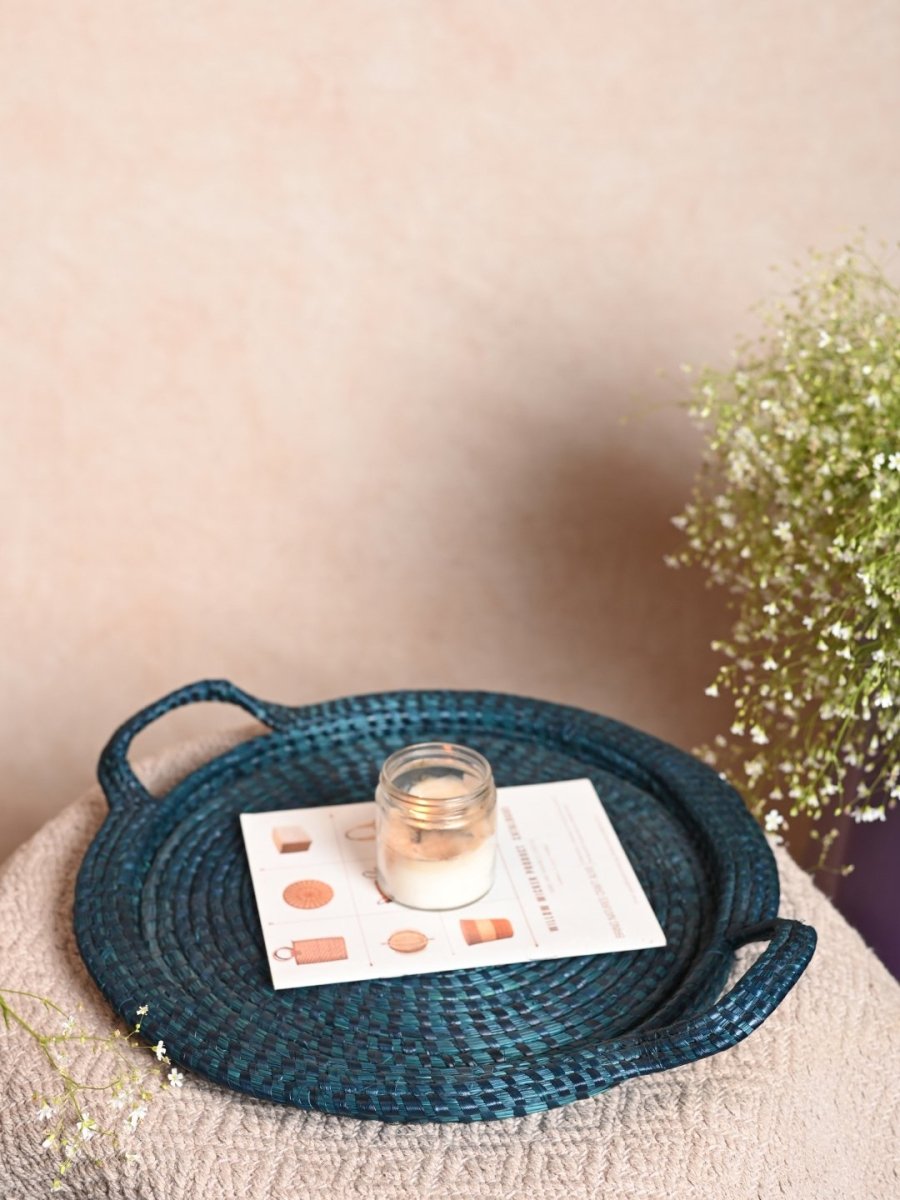 Handmade Moonj Round Centre Platter Tray - Indigo - Kadam Haat