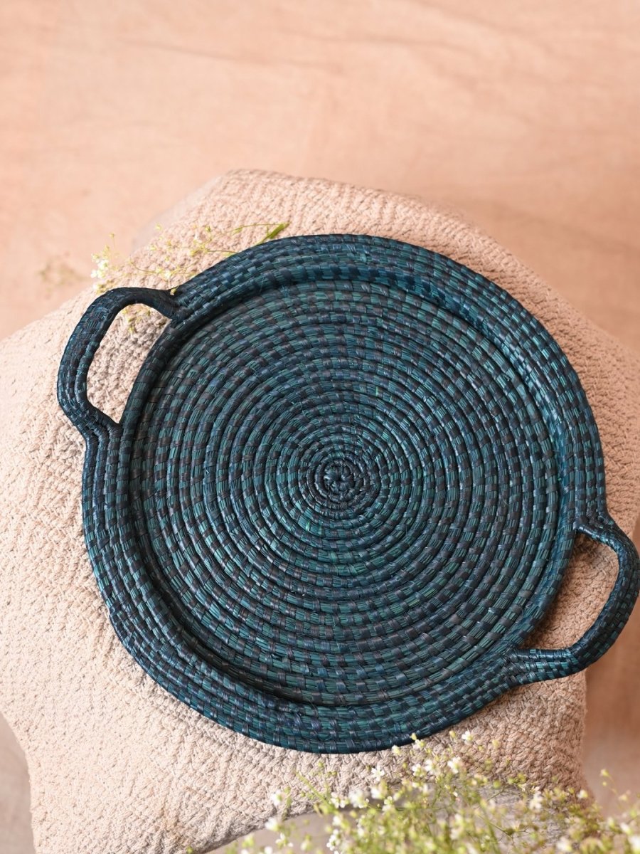 Handmade Moonj Round Centre Platter Tray - Indigo - Kadam Haat