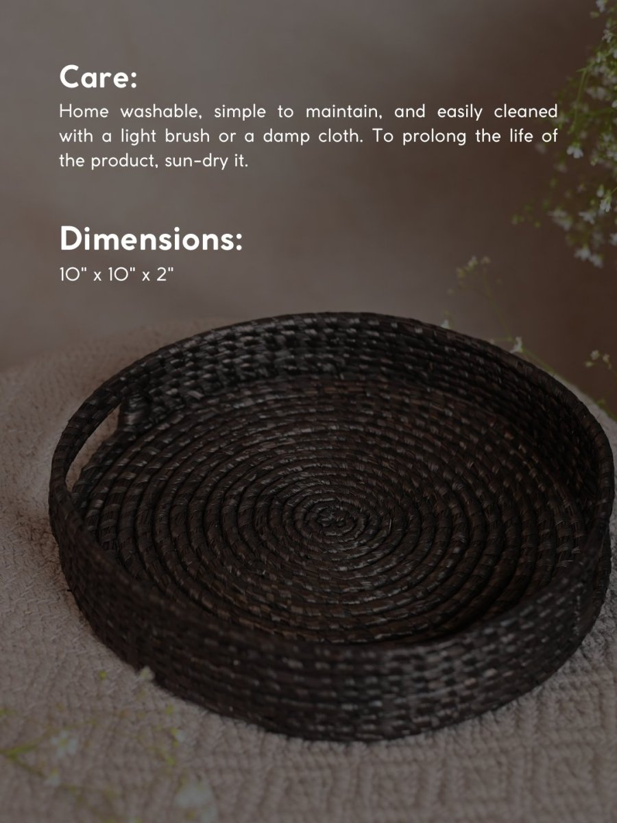 Handmade Moonj Round Tray - Black - Kadam Haat