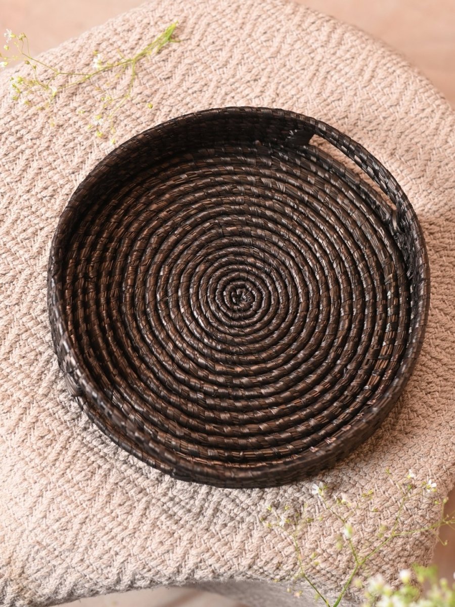 Handmade Moonj Round Tray - Black - Kadam Haat