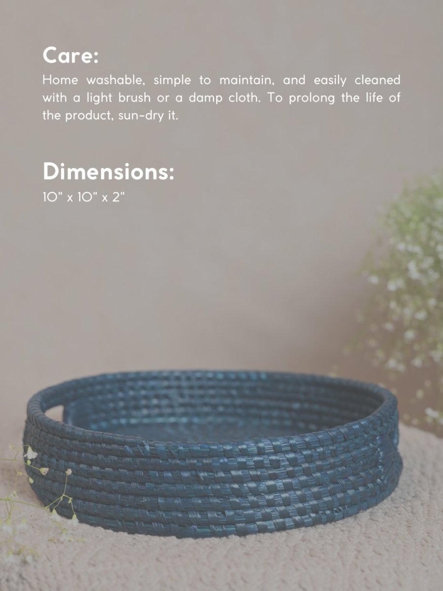 Handmade Moonj Round Tray - Indigo - Kadam Haat