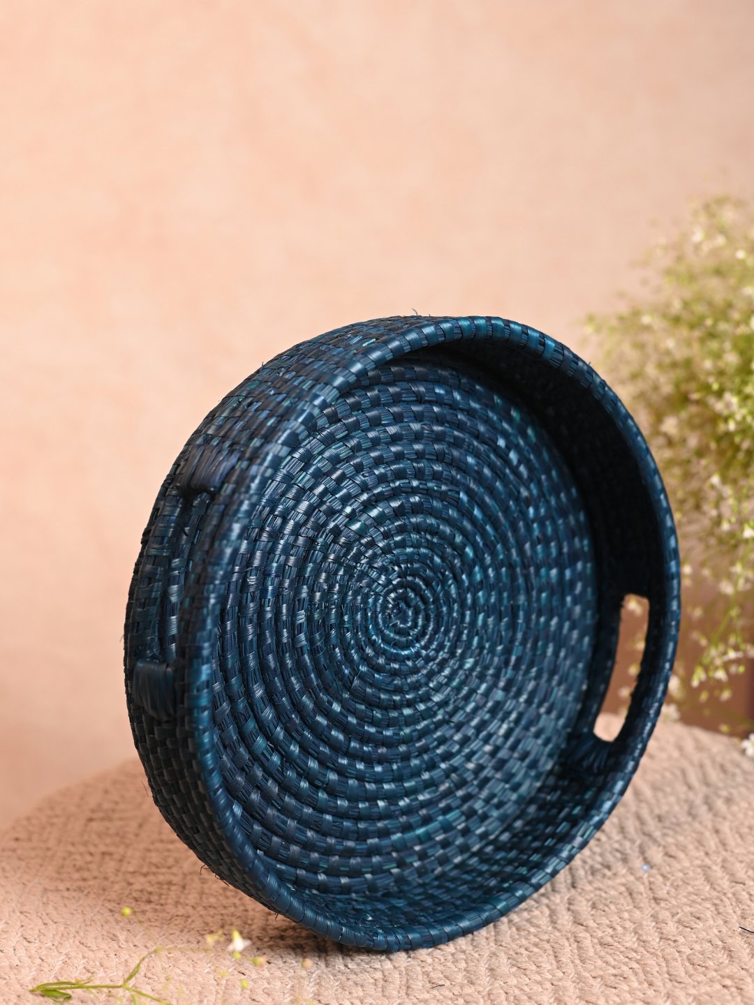 Handmade Moonj Round Tray - Indigo - Kadam Haat