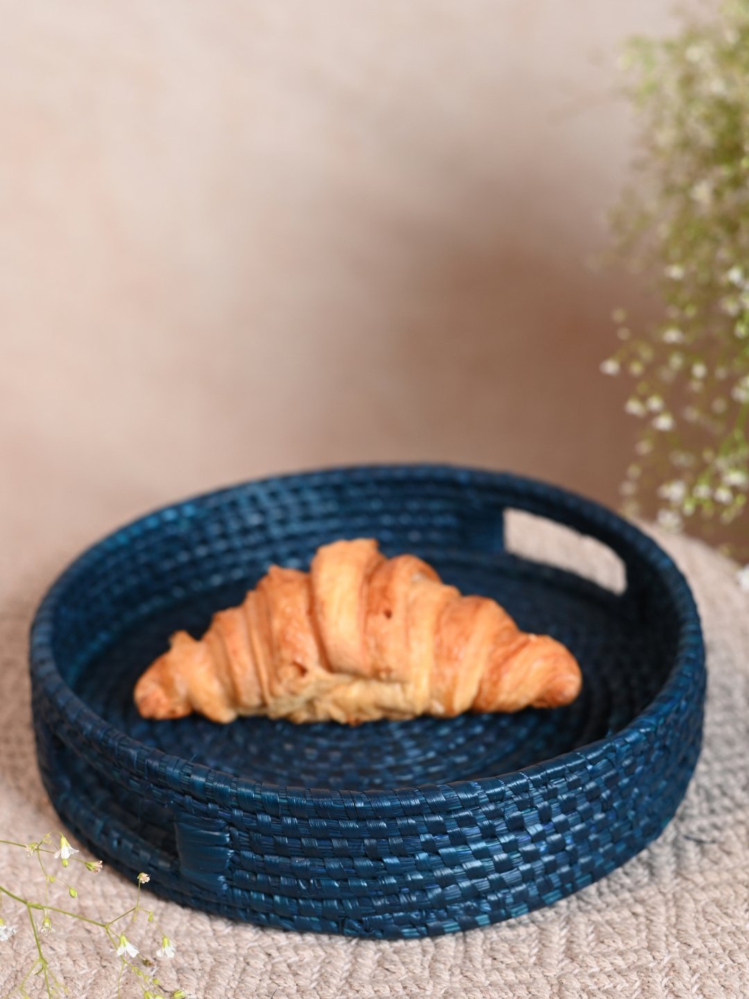 Handmade Moonj Round Tray - Indigo - Kadam Haat