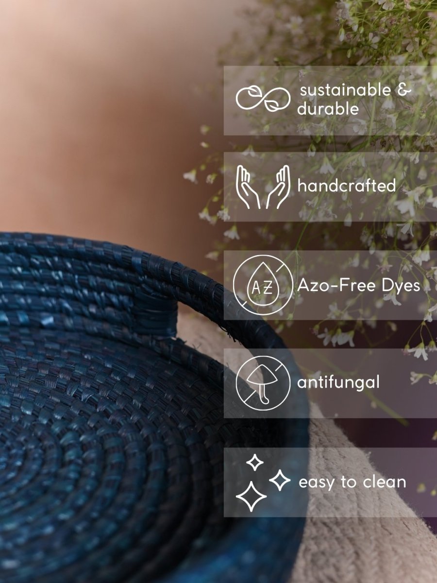 Handmade Moonj Round Tray - Indigo - Kadam Haat