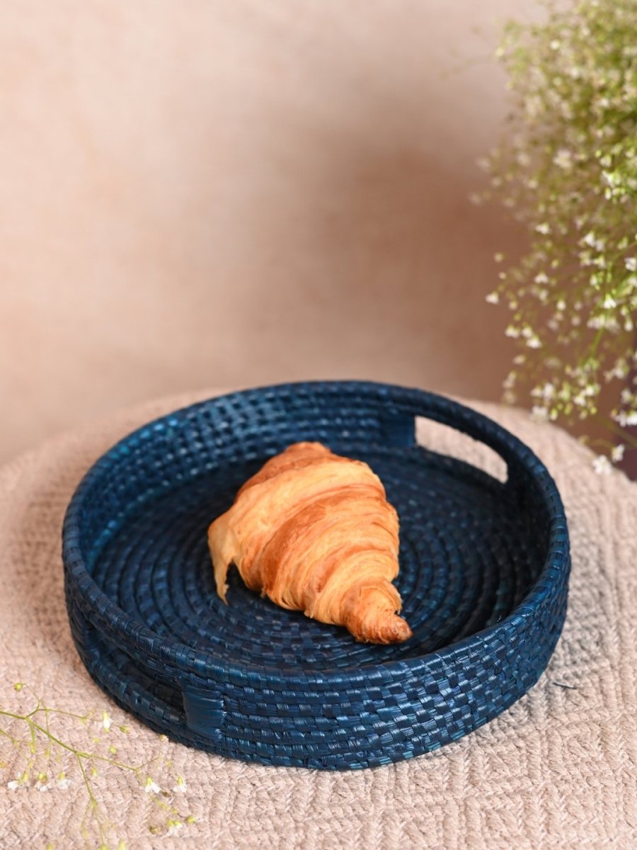 Handmade Moonj Round Tray - Indigo - Kadam Haat