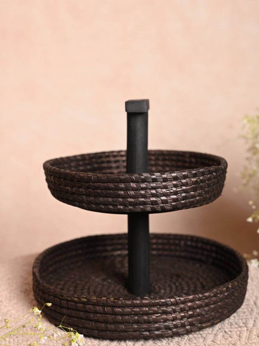 Handmade Moonj Two Tier Basket - Black - Kadam Haat