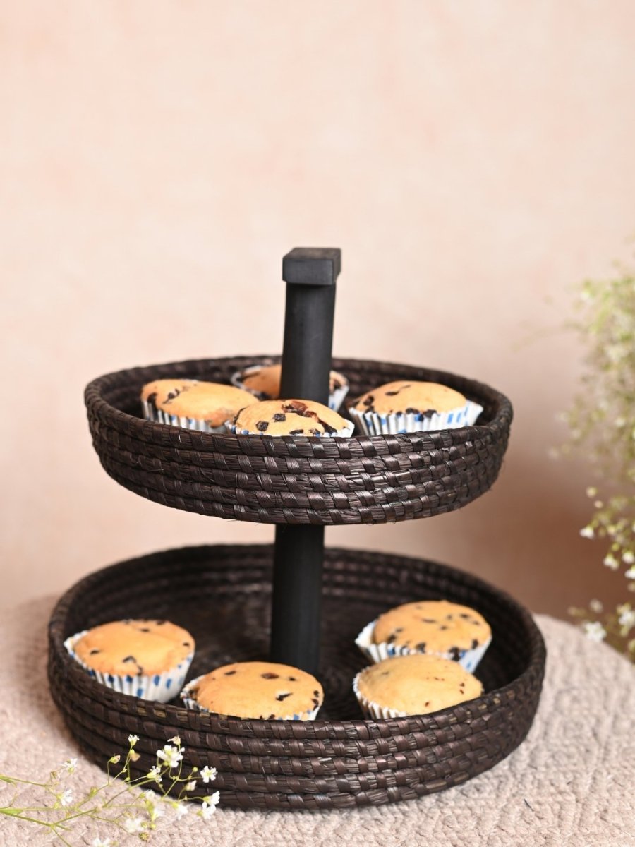 Handmade Moonj Two Tier Basket - Black - Kadam Haat