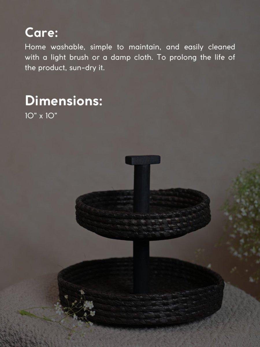 Handmade Moonj Two Tier Basket - Black - Kadam Haat