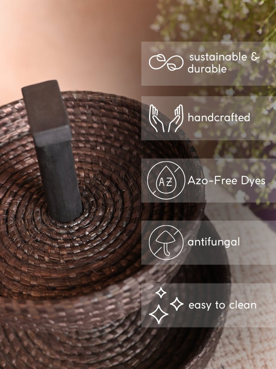 Handmade Moonj Two Tier Basket - Black - Kadam Haat