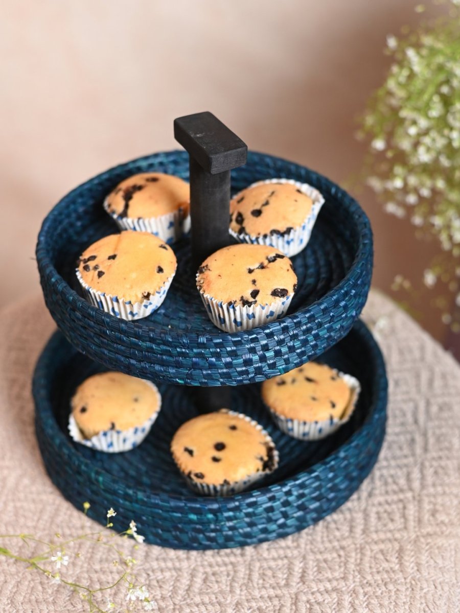 Handmade Moonj Two Tier Basket - Indigo - Kadam Haat