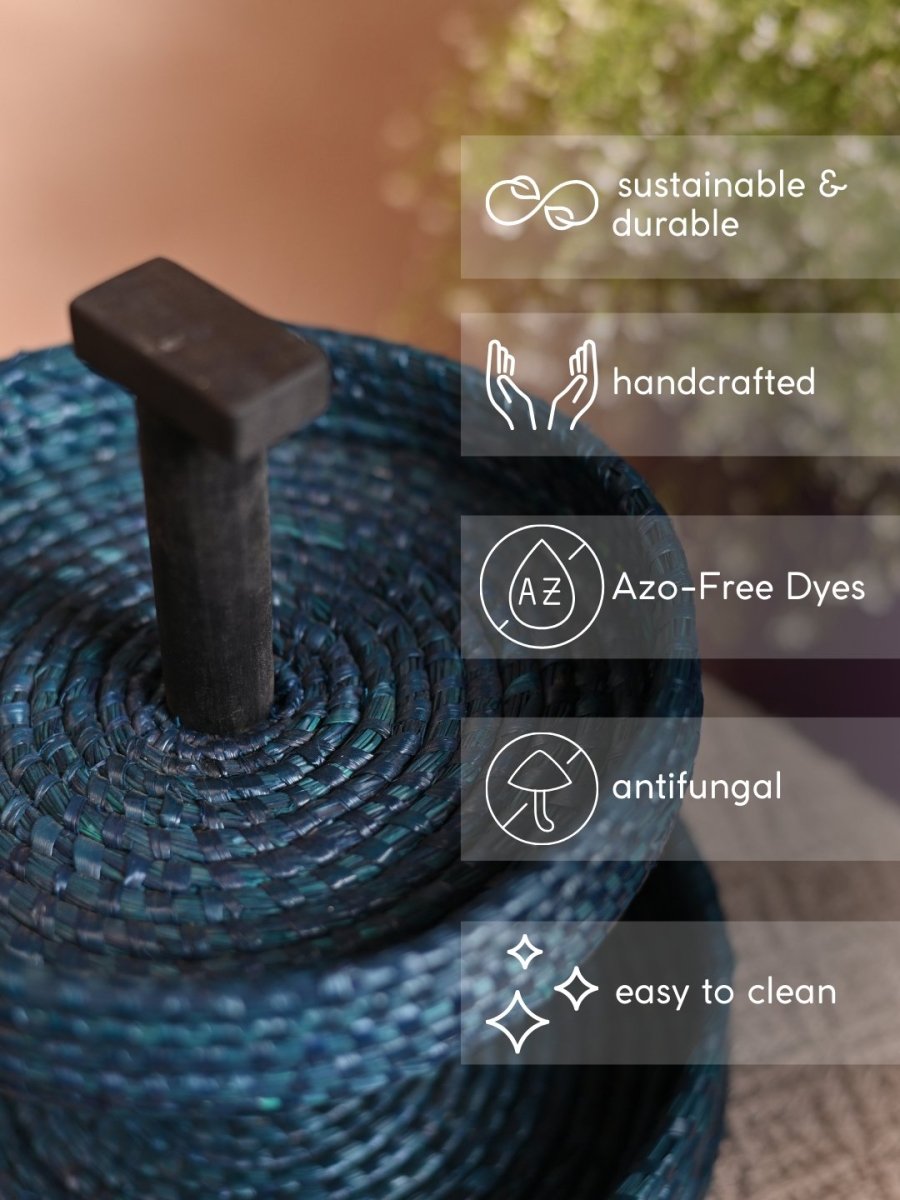 Handmade Moonj Two Tier Basket - Indigo - Kadam Haat