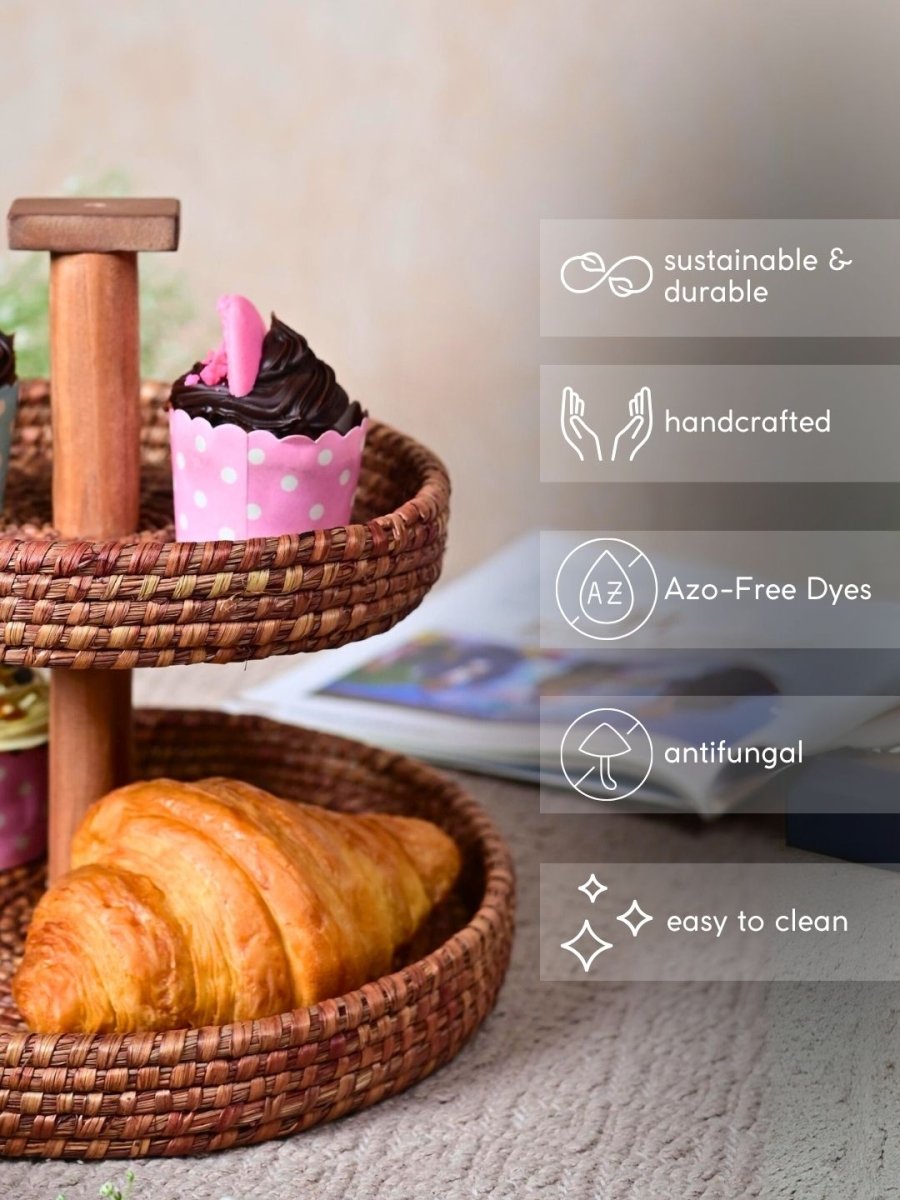 Handmade Moonj Two Tier Basket - Natural - Kadam Haat
