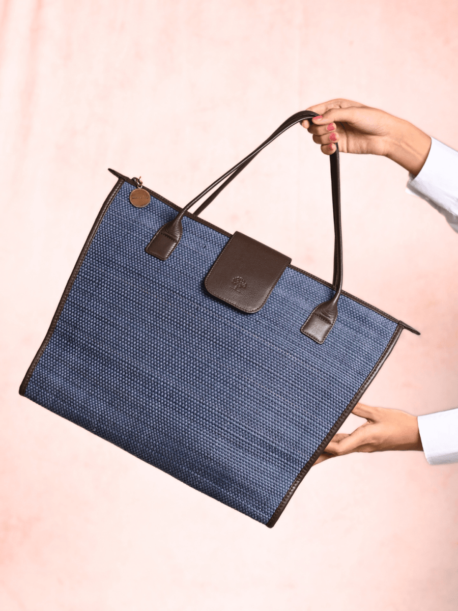 Handmade Roll - up Madurkathi Bag - Blue - Kadam Haat