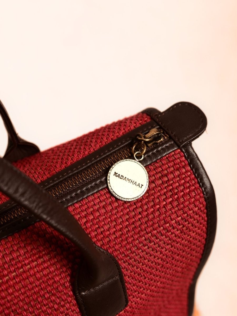 Handmade Roll - up Madurkathi Bag - Cherry Red - Kadam Haat