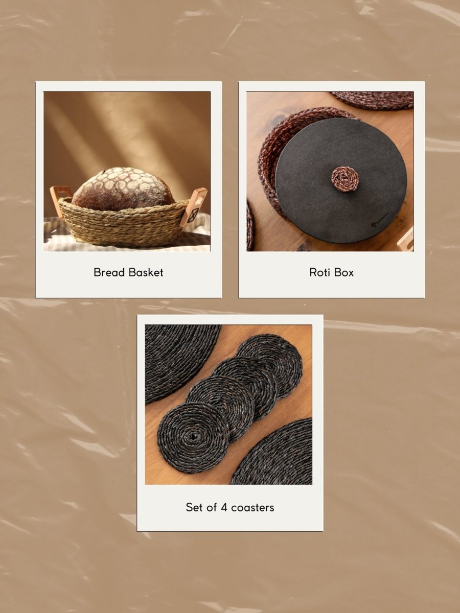 Handmade Sabai Grass Bread Serving Platter - 1 Roti Box, 1 Bread Basket,4 coasters - Kadam Haat