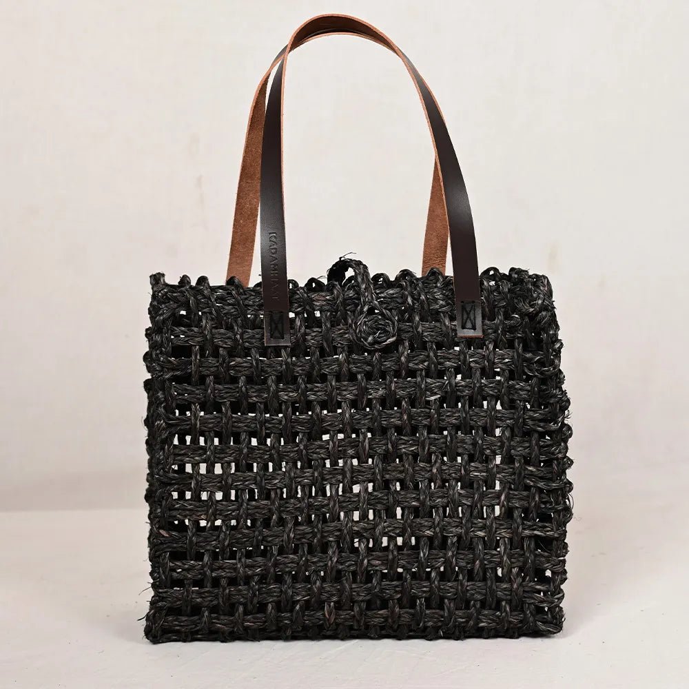 Handmade Sabai Grass Large Mesh Bag - Black - Kadam Haat