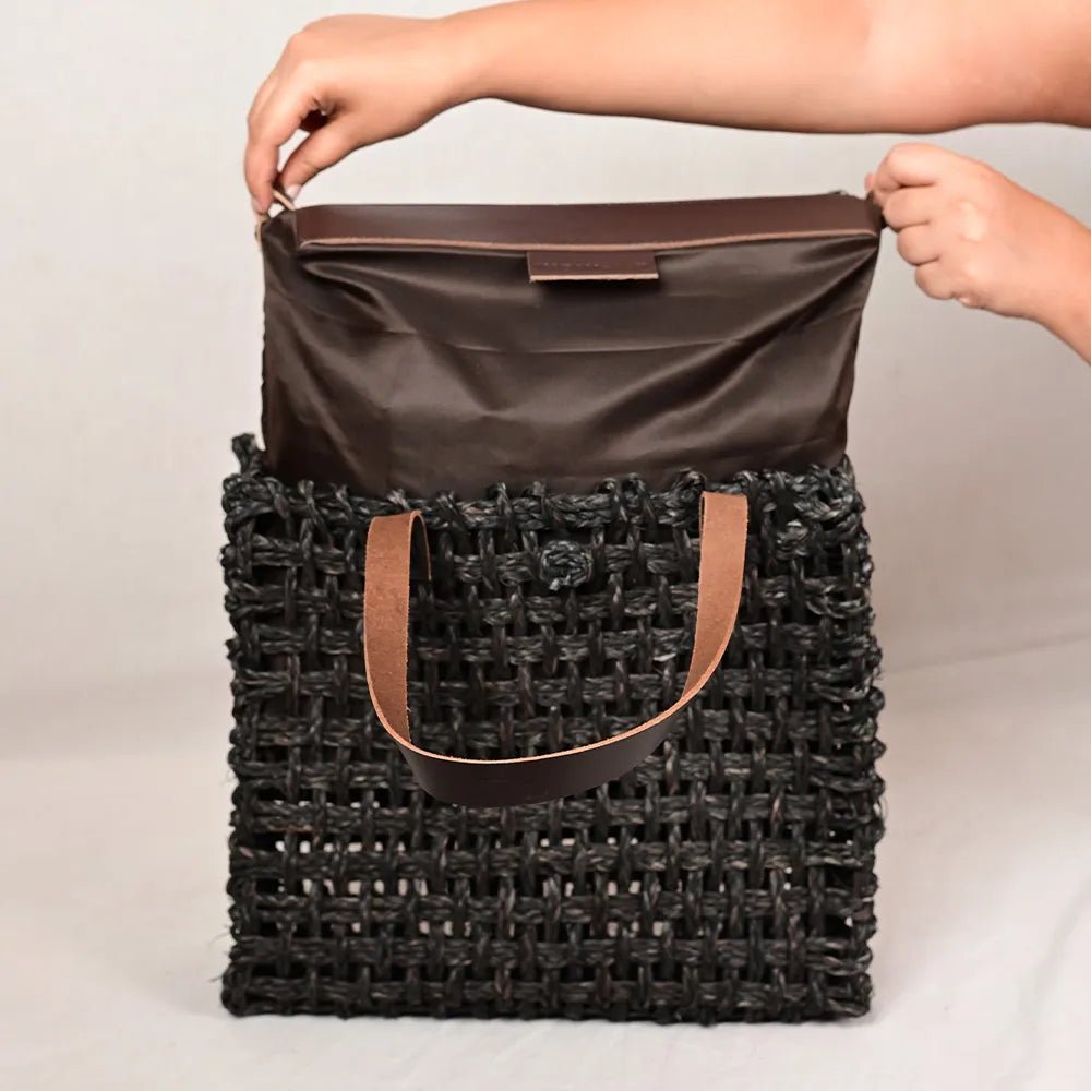 Handmade Sabai Grass Large Mesh Bag - Black - Kadam Haat