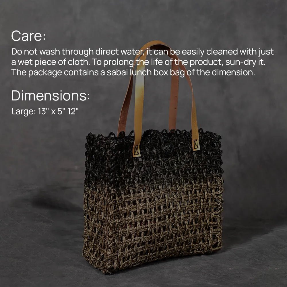 Handmade Sabai Grass Large Mesh Bag - Black and Gold - Kadam Haat