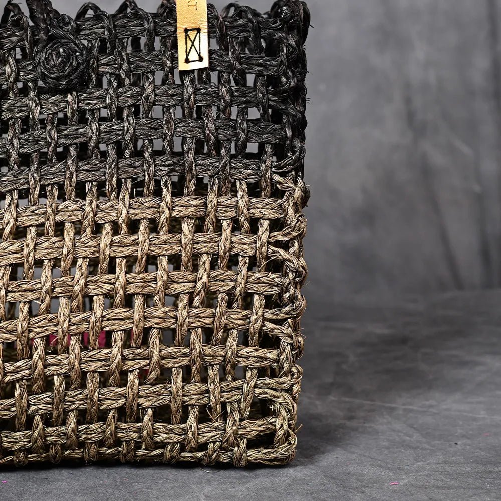 Handmade Sabai Grass Large Mesh Bag - Black and Gold - Kadam Haat