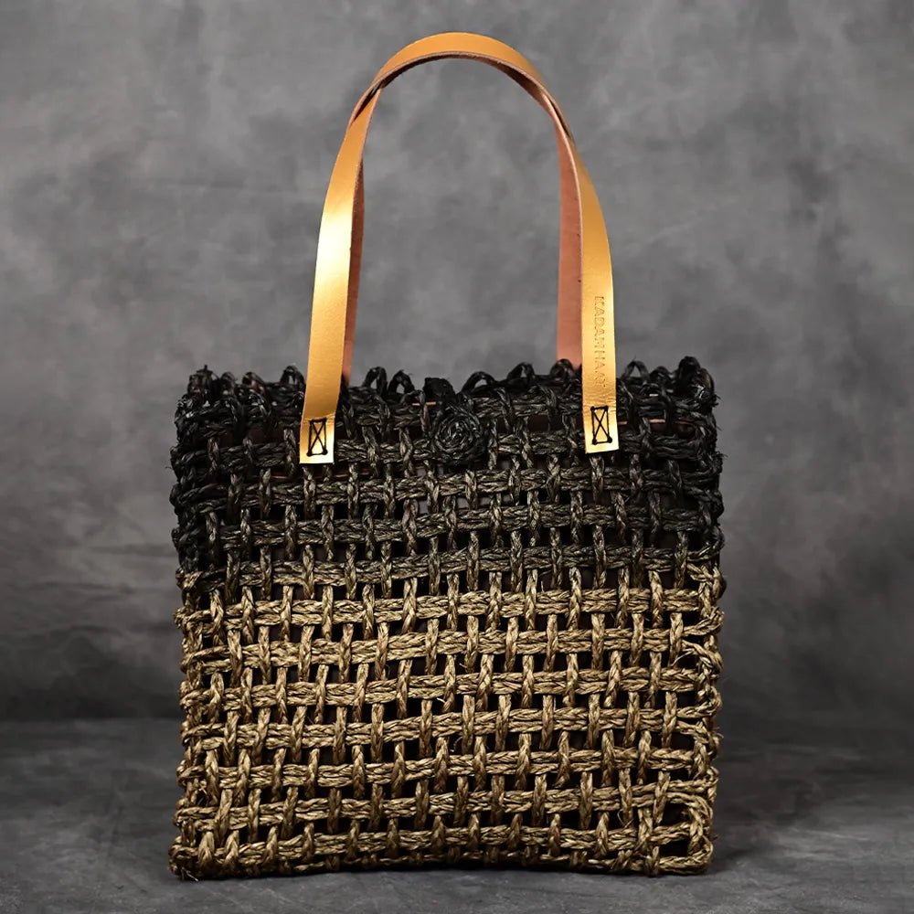 Handmade Sabai Grass Large Mesh Bag - Black and Gold - Kadam Haat