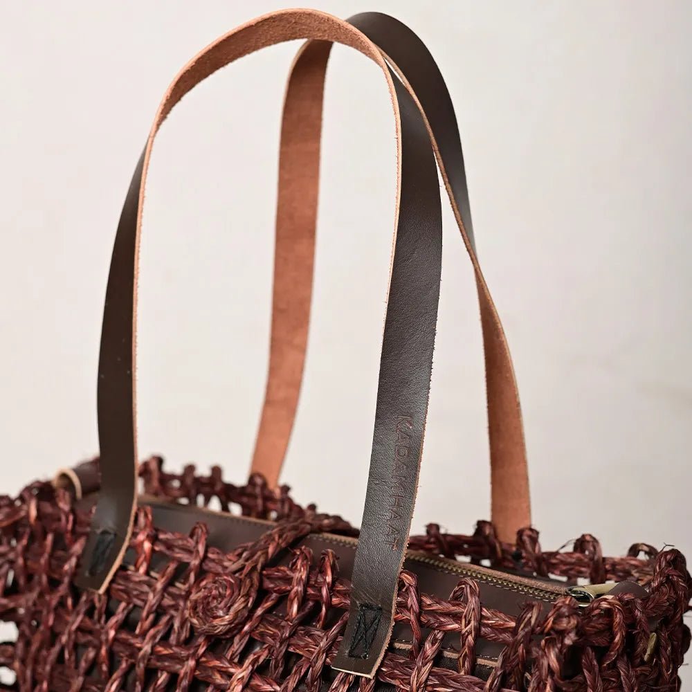 Handmade Sabai Grass Large Mesh Bag - Brown - Kadam Haat