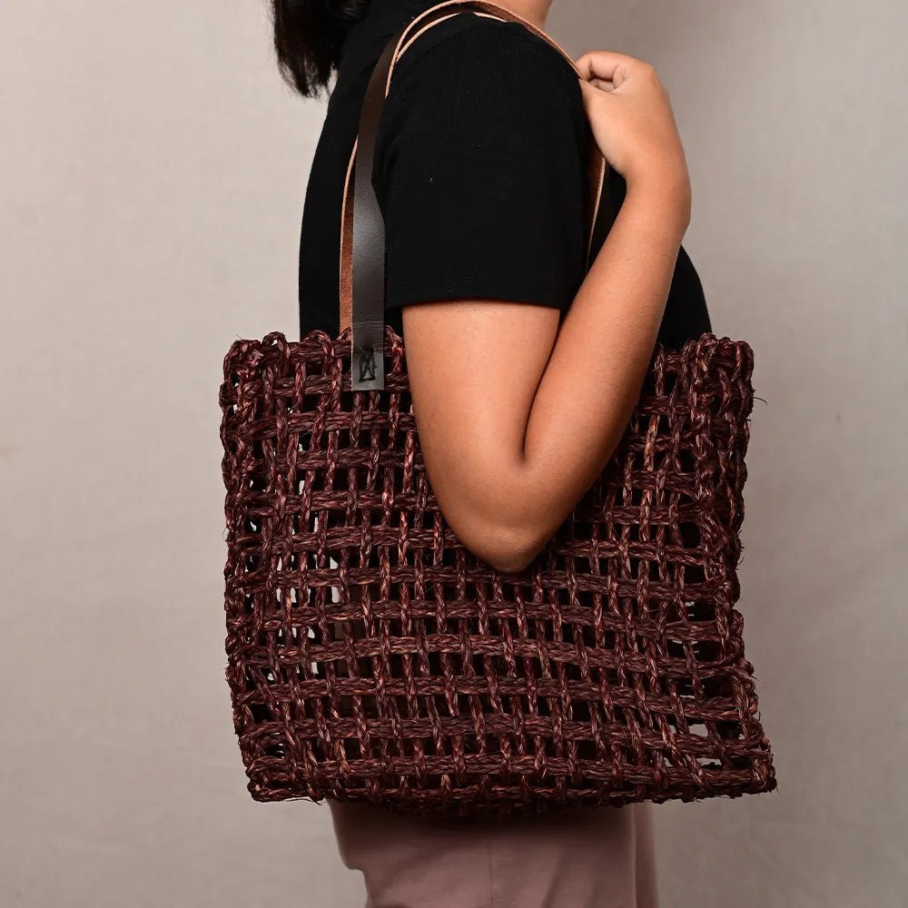 Handmade Sabai Grass Large Mesh Bag - Brown - Kadam Haat