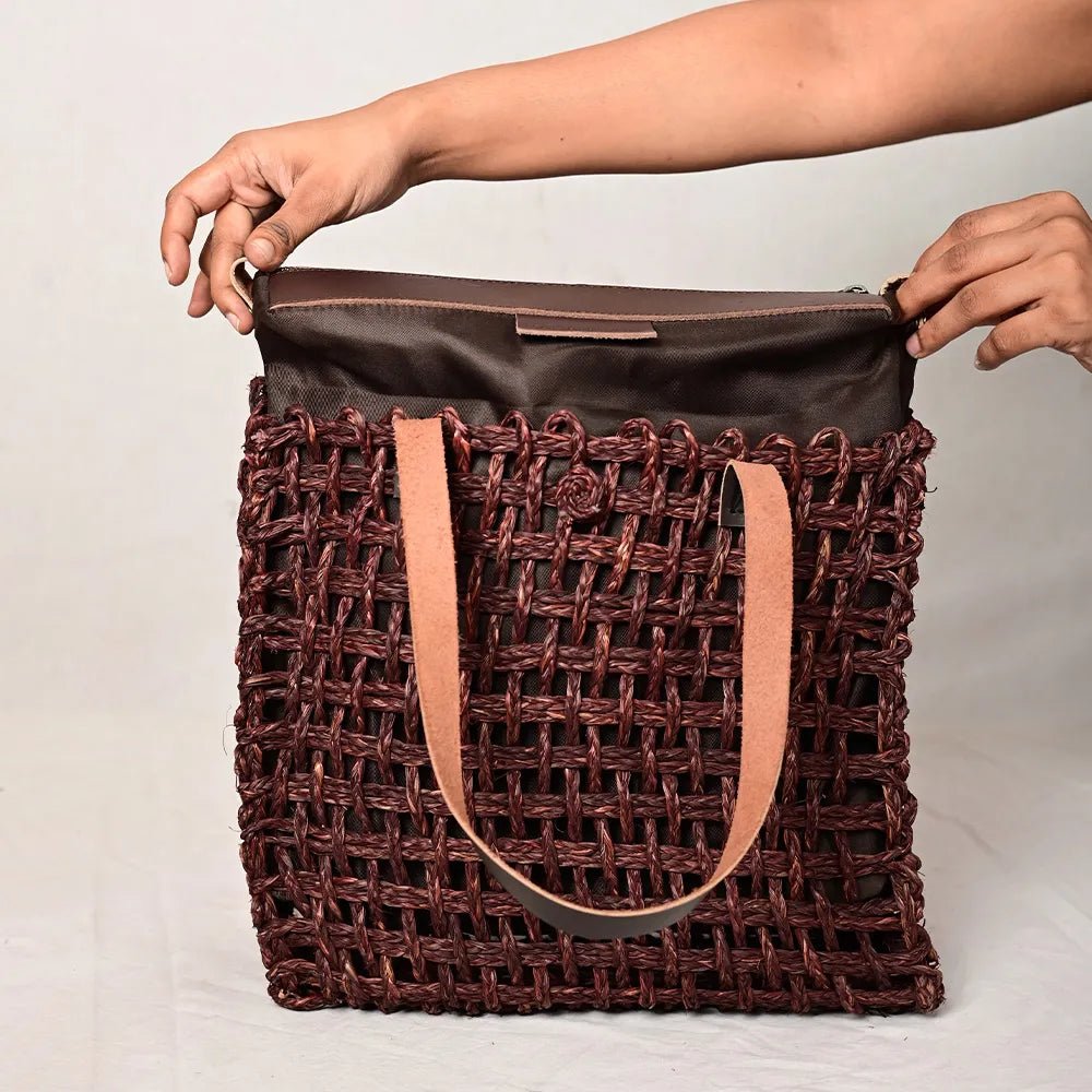 Handmade Sabai Grass Large Mesh Bag - Brown - Kadam Haat