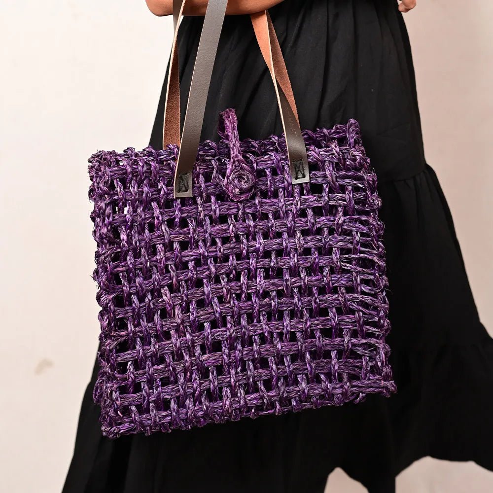 Handmade Sabai Grass Large Mesh Bag - Lavender - Kadam Haat