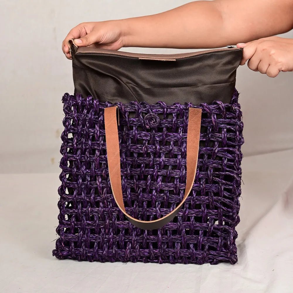 Handmade Sabai Grass Large Mesh Bag - Lavender - Kadam Haat