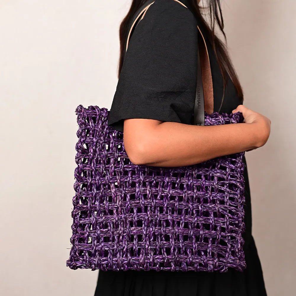 Handmade Sabai Grass Large Mesh Bag - Lavender - Kadam Haat