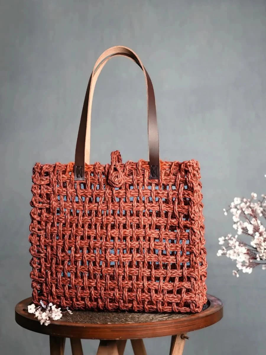 Handmade Sabai Grass Large Mesh Bag - Orange - Kadam Haat