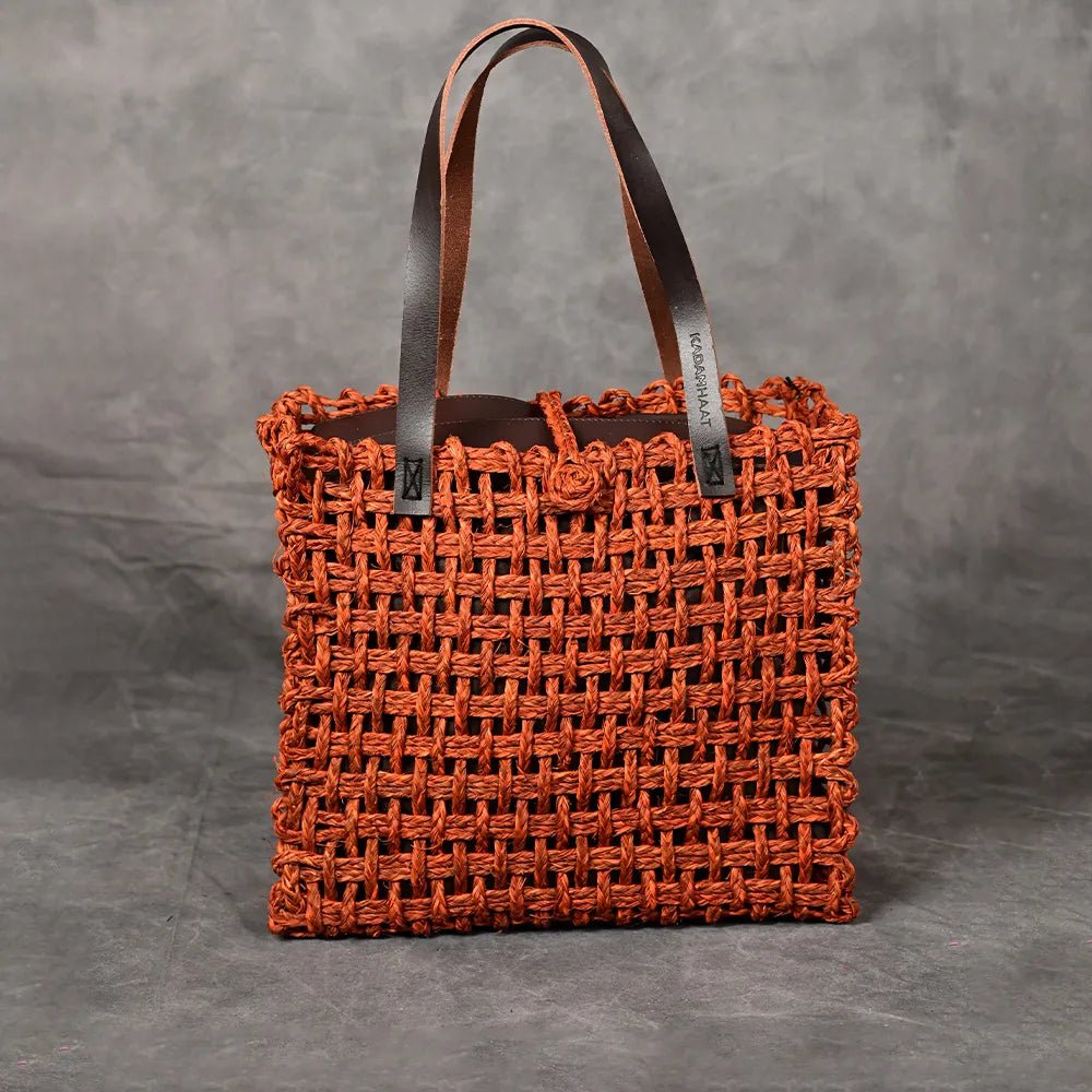 Handmade Sabai Grass Large Mesh Bag - Orange - Kadam Haat