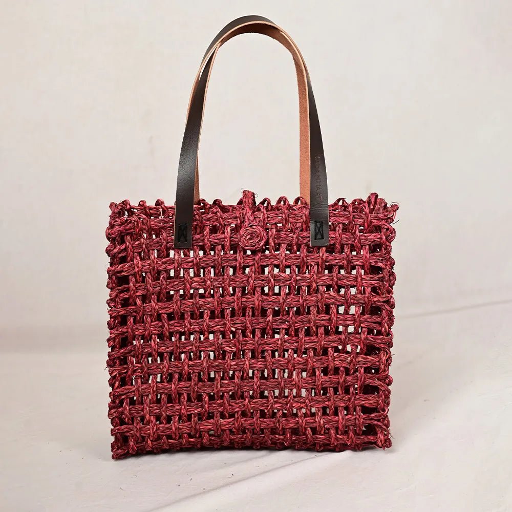 Handmade Sabai Grass Large Mesh Bag - Wine - Kadam Haat