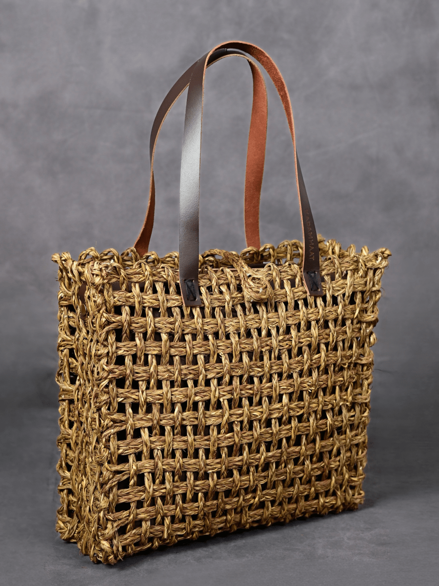 Handmade Sabai Grass Large Mesh Tote Bag - Avocado - Kadam Haat