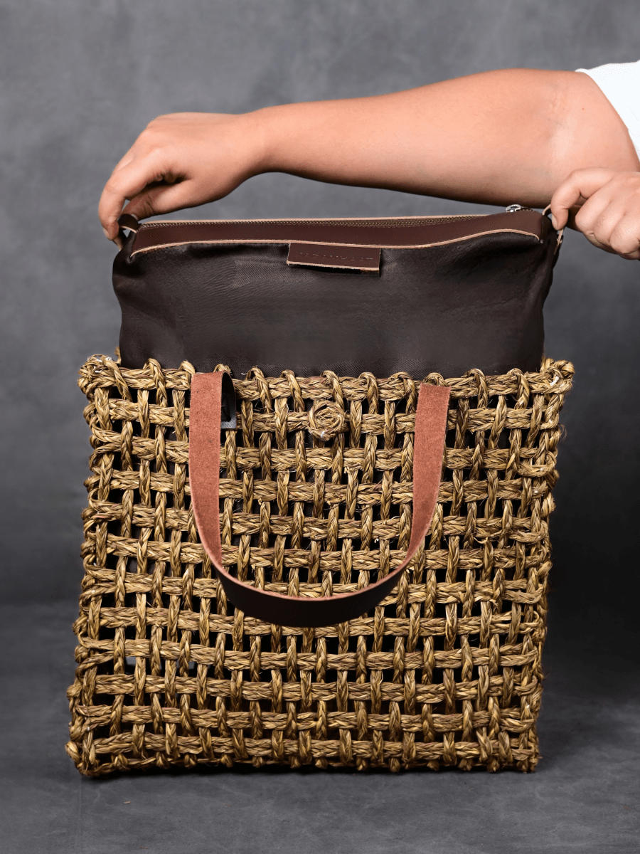 Handmade Sabai Grass Large Mesh Tote Bag - Avocado - Kadam Haat