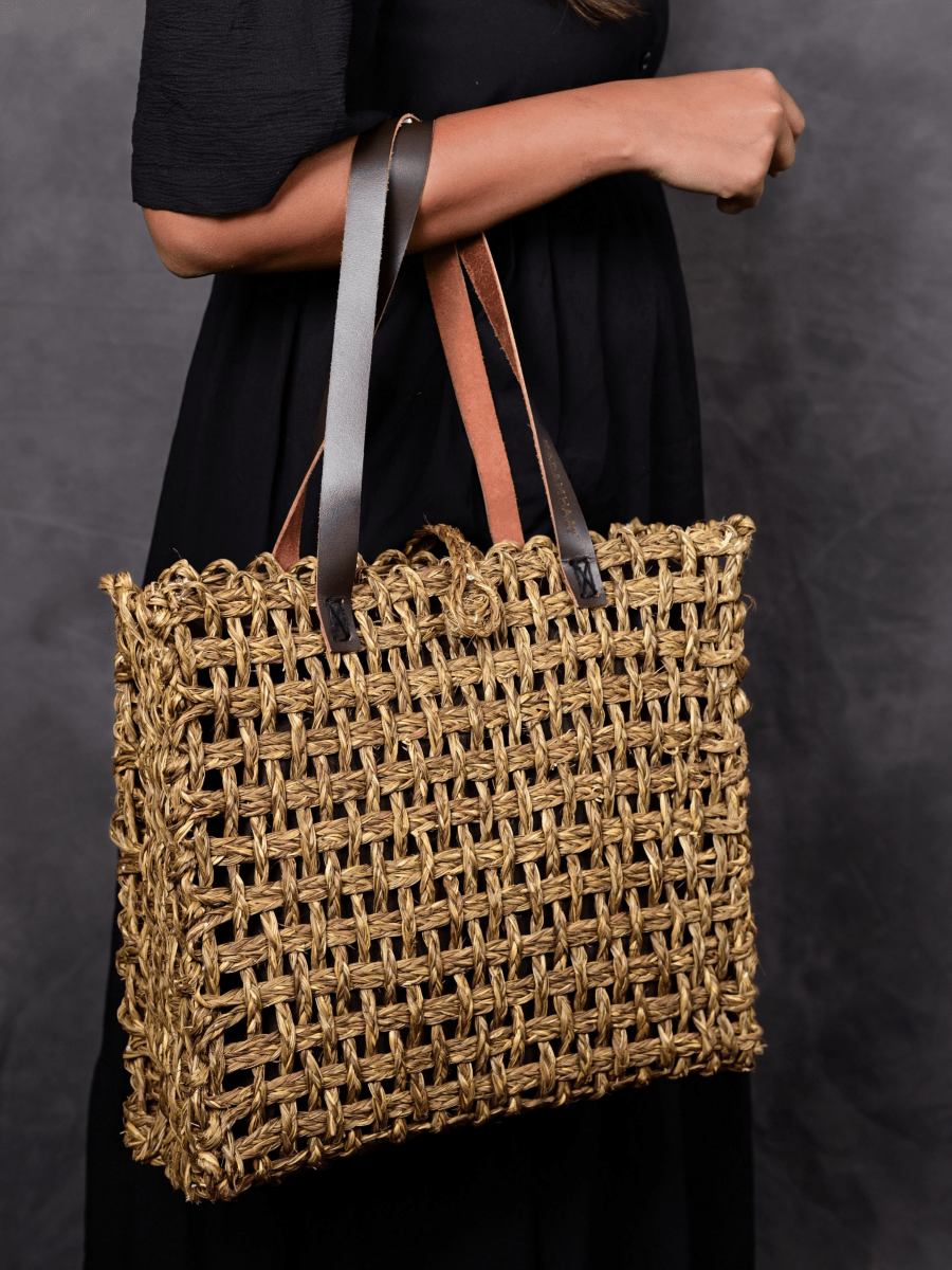 Handmade Sabai Grass Large Mesh Tote Bag - Avocado - Kadam Haat