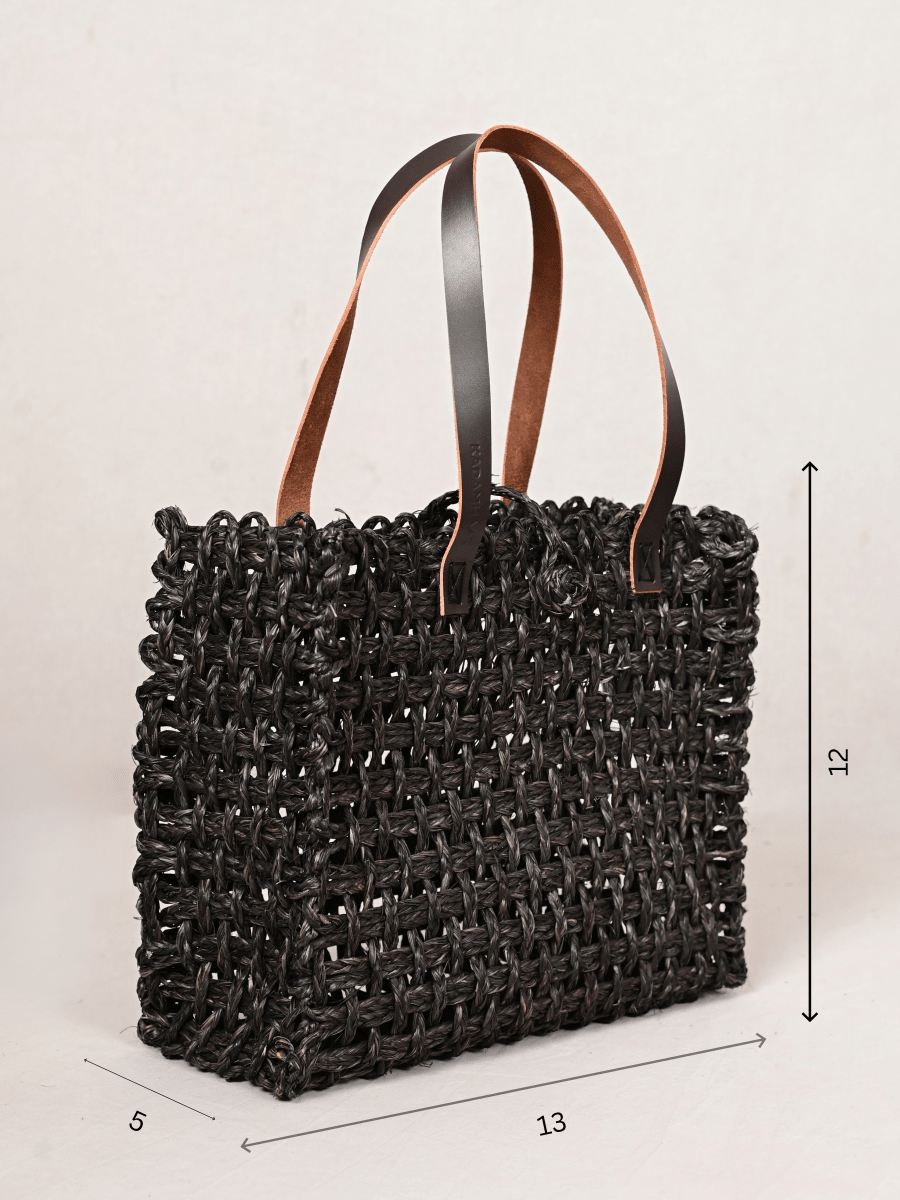 Handmade Sabai Grass Large Mesh Tote Bag - Black - Kadam Haat
