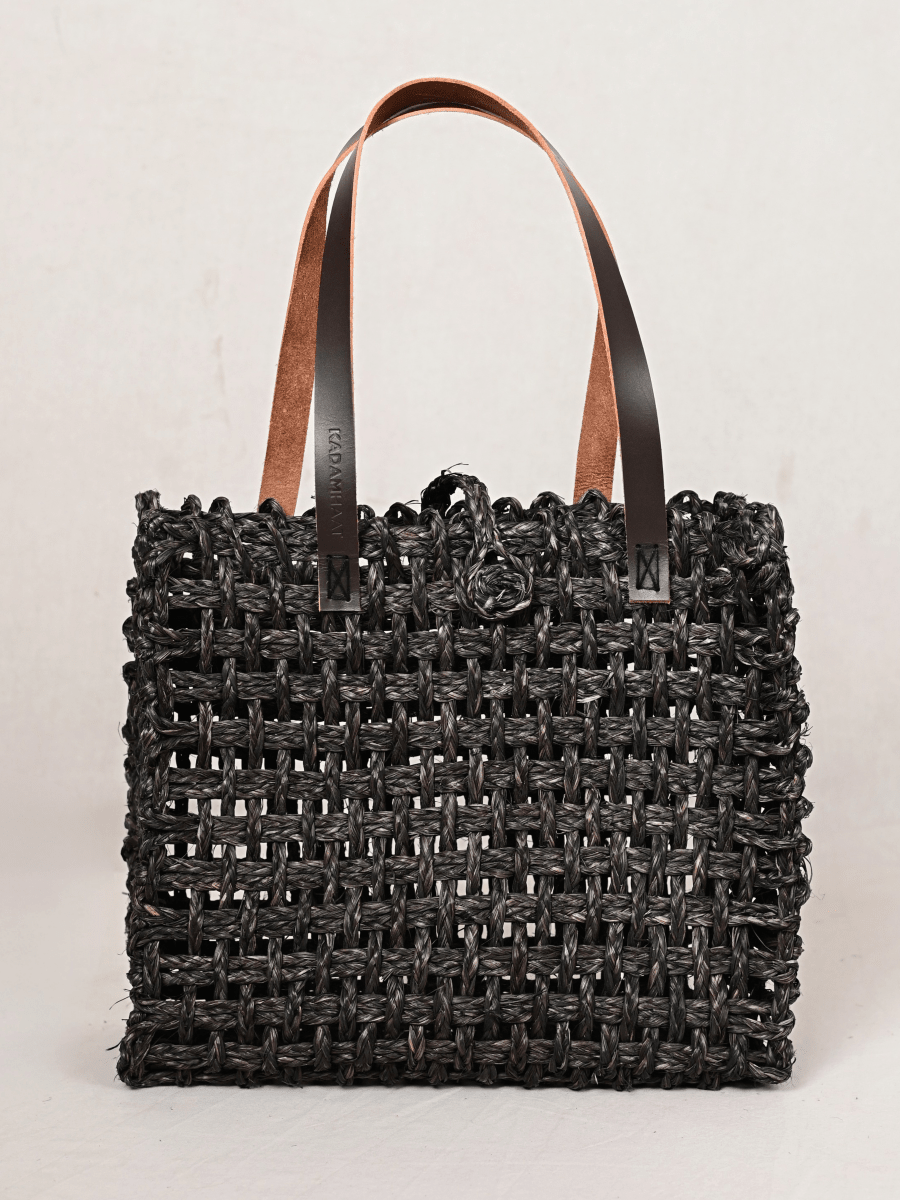 Handmade Sabai Grass Large Mesh Tote Bag - Black - Kadam Haat