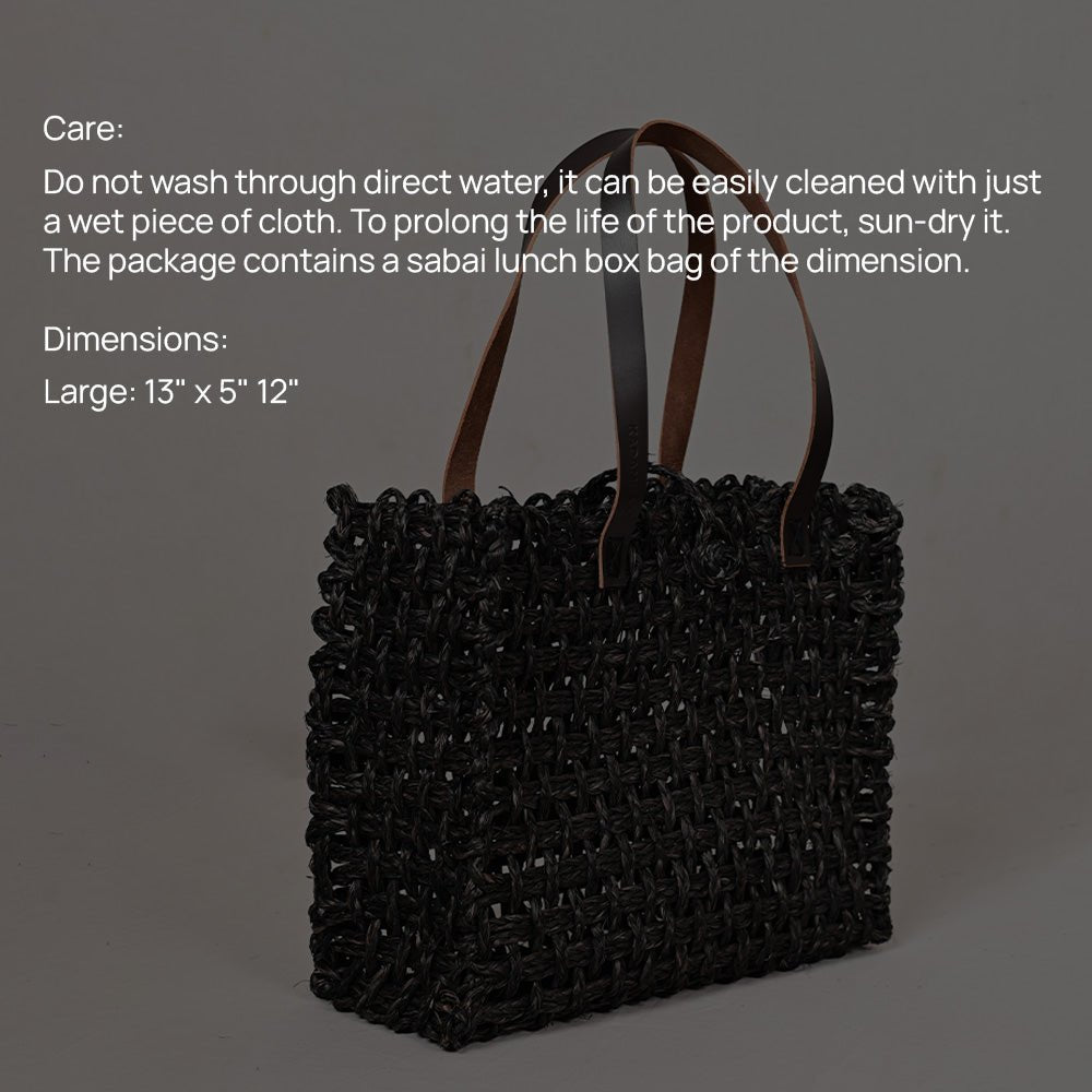 Handmade Sabai Grass Large Mesh Tote Bag - Black - Kadam Haat