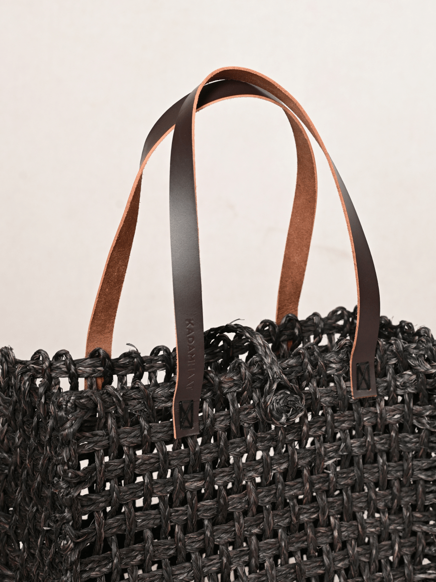 Handmade Sabai Grass Large Mesh Tote Bag - Black - Kadam Haat