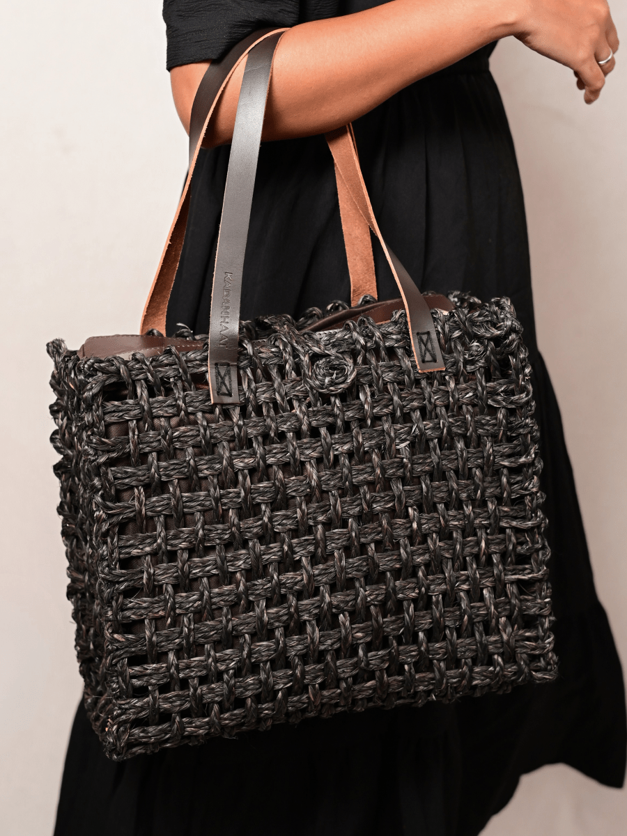 Handmade Sabai Grass Large Mesh Tote Bag - Black - Kadam Haat