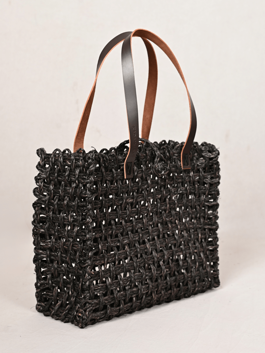 Handmade Sabai Grass Large Mesh Tote Bag - Black - Kadam Haat